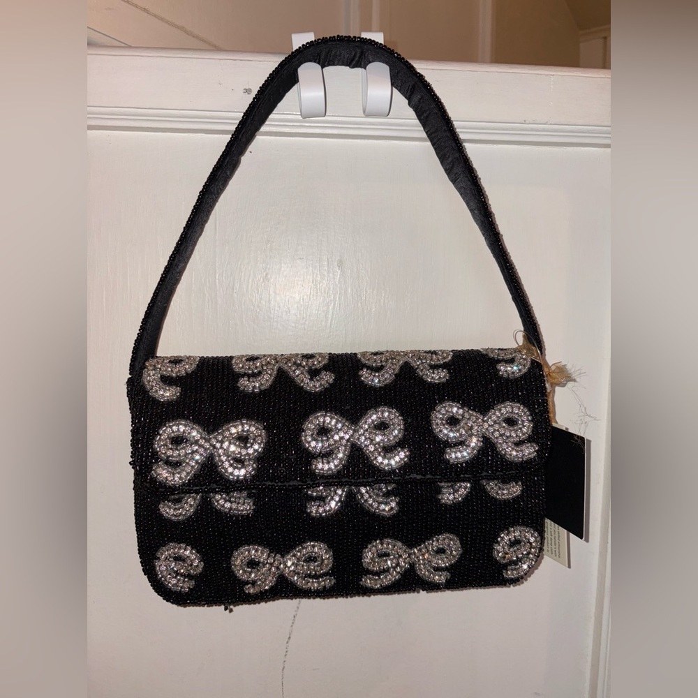 Black and Silver Bow Beaded Bag